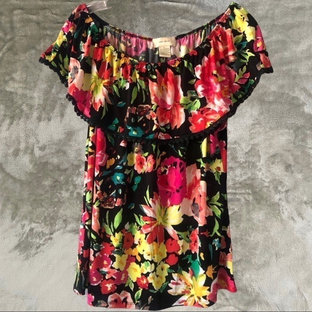 Diana Belle Off the Shoulder Spanish Style Stretch Floral Top Large